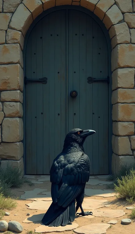 Please create a cover picture for a shamanic power animal oracle. a raven sitting in front of a door in a deserted place. Please depict the animal in a biologically correct way. Photorealistic illustration, artistically sophisticated, art piece
