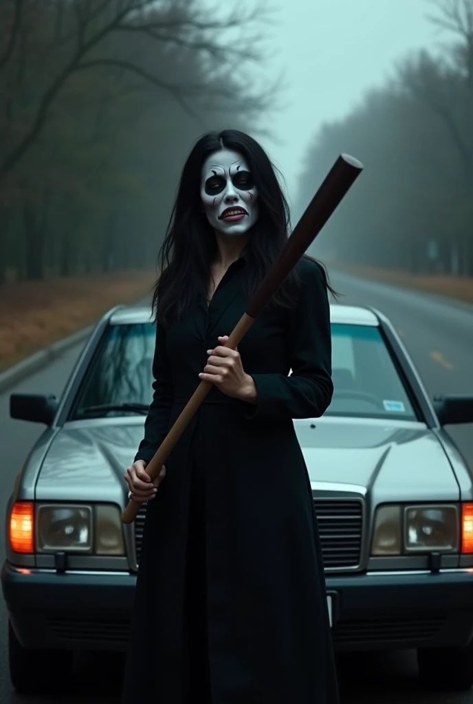 Background and in the middle of the background there will be a car and in front of the car will be a woman holding a bat and wearing a scary face mask and she will have black hair and she will have a scary pose