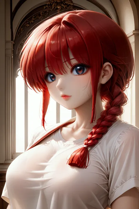 ranma chan,   red hair , sun_erect breasts  , suntero_Braid, RanmaRedShirt,  masterpiece ,  better quality ,  detailed face,  detailed eyes, highres,cuerpo atlético cintura delgada pechos grandes nalgas grandes  red hair 