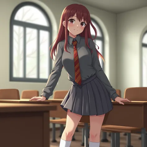 

" A young woman in a classroom with large arched windows .  She is wearing a school uniform consisting of a gray shirt ,  red and gold striped tie , and a gray pleated skirt .  She wears knee-high white socks .  The background shows wooden desks and natu...