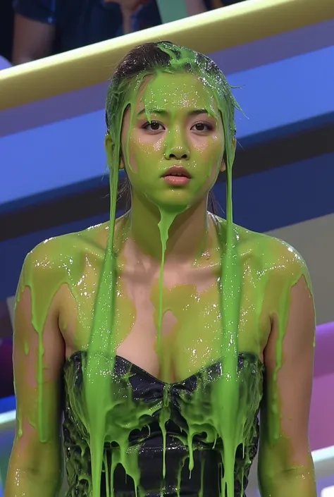 Portrait photograph of Indonesian woman covered in green slime. hyper-realistic style. 8k. Photorealistic. Glistening slime. Green slime. Dripping slime. Raw photo. Indonesian. (Indonesian girl: 1.1). F/1.4 aperture. 35mm. Strapless black dress. Cleavage. ...