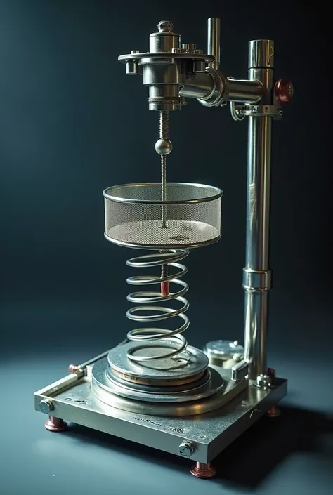 A device that measures the spring coefficient by linking a basket to a spring and inserting objects of equal mass into the basket through a device that drops it every certain period of time that drops one mass behind the other. It measures the spring coeff...