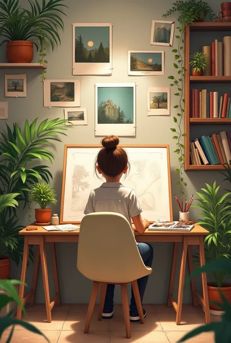 Back view of a painter with picture postcards on the wall, plants around, picture books at work on the desk, and drawing pictures while sitting in a cream-colored chair