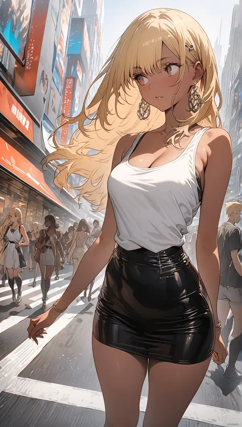 Masterpiece, high quality, high resolution, 16K, Makoto Shinkai illustration, background detail, young woman, flashy blonde hair, earrings, gal, tanned dark skin, long eyelashes, pretty eyes, sexy face, nice cleavage, over-kneehighs, tank top, tight skirt,...