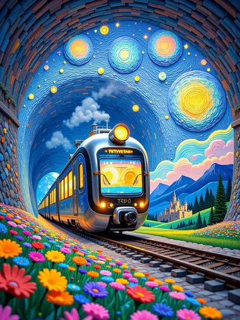 Three-dimensional oil painting，Van Gogh oil painting，Fingerprint oil painting，3D relief，Dreamy colors and details。 From time to time, some blurry scenes or visions of the future appear in the ， The overall color is mainly blue and purple ， The train seems ...