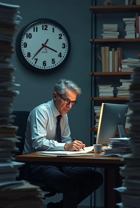  A character sitting at his computer in a gray office, stacked up of documents and with a clock that marks 6 :00 pm.