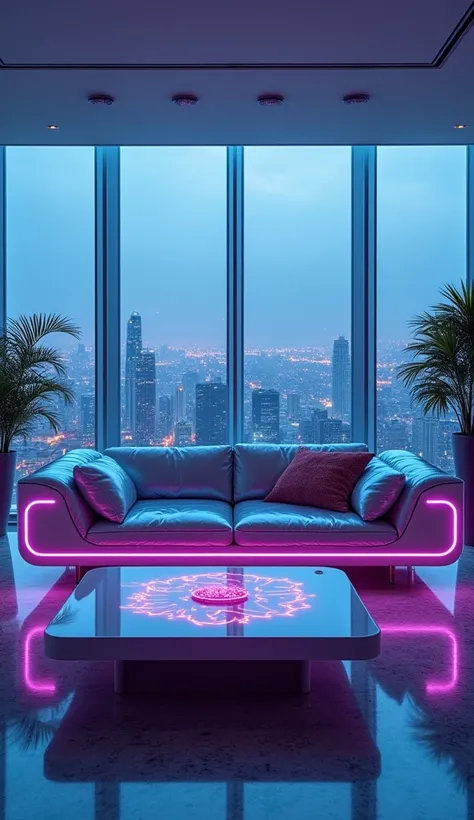 A sleek, modular sofa with a metallic sheen and glowing LED accents integrated into its edges. The sofa is placed in a futuristic apartment with glass walls offering a panoramic cityscape view. A minimalist coffee table with holographic elements sits in fr...