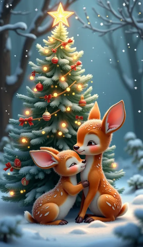 "A baby deer and a rabbit cuddling in front of a glowing, decorated Christmas tree in a magical woodland forest covered in fresh snow."