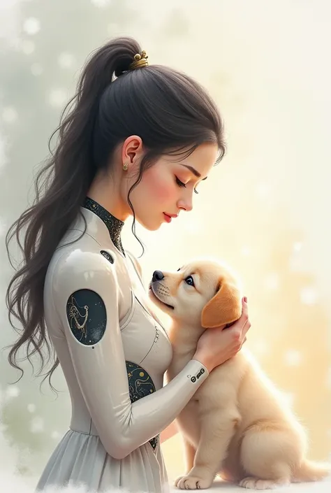 Watercolor、composition、Golden Ratio、 details、Beautiful female android and puppy