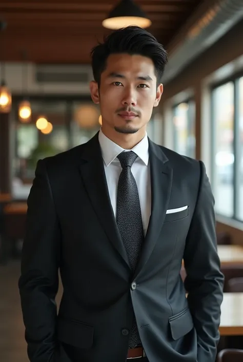  1 Handsome Japanese Man ，35 years old，Business Manager ， formal shirt and tie ,  Professional Clothing ,  Professional Clothing ,  Preparing for Meeting ,  Handsome and Elegant ,   Wearing Black and Grey Suit ,  Sexy man in the cafe ,   Shirt Wearing  ,  ...