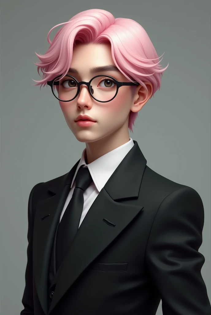 Create a photo of a young historian with smooth pink hair, masculine features and a black suit, con lentes finos, estilo realists (no animado) 