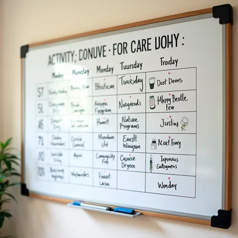 A care home schedule on a whiteboard, showing time slots for activities like nature programs, music, and nostalgic films, neat and organized.