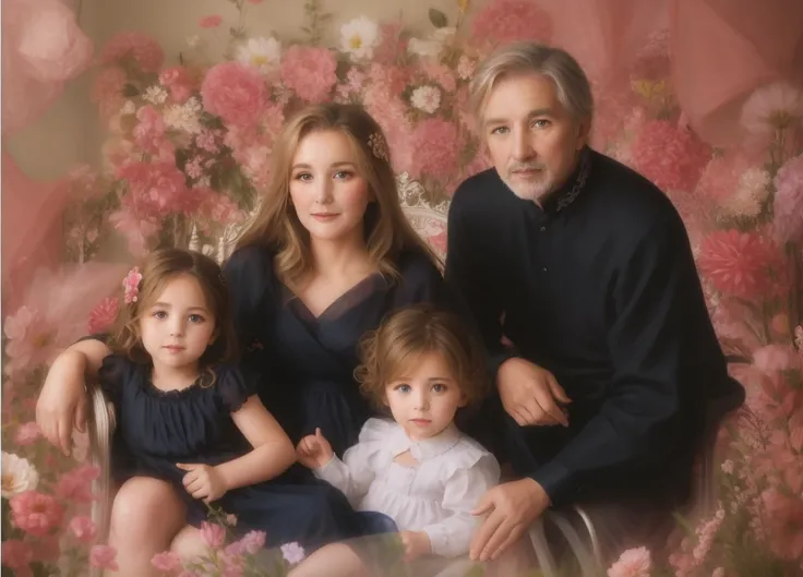 Grandmother sitting in a chair , granddaughter in a beautiful ball gown with beautiful blond hair , there are flowers around 