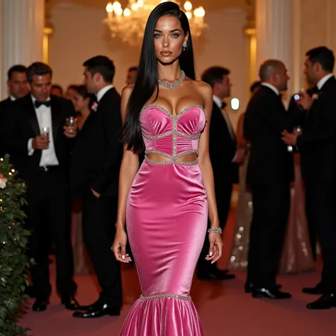 Woman, long straight black hair, super model at a gala event in New York, she is wearing a beautiful velvety pink, long and detailed, haute couture dress, her hair is totally up Impeccable back, she has beautiful makeup that matches her dress, behind her t...