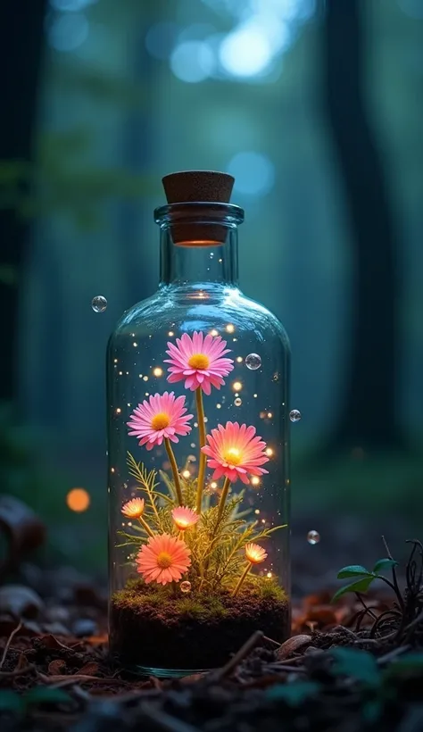  transparent glass bottle placed in a dark forest 。In the jar、 beautiful colorful flowers that emit light 々Bubbles are drifting 。 and vague particles of light float around it {x}、 creating a fantastic atmosphere 。 The bottle is sealed with a wooden cap 、 T...