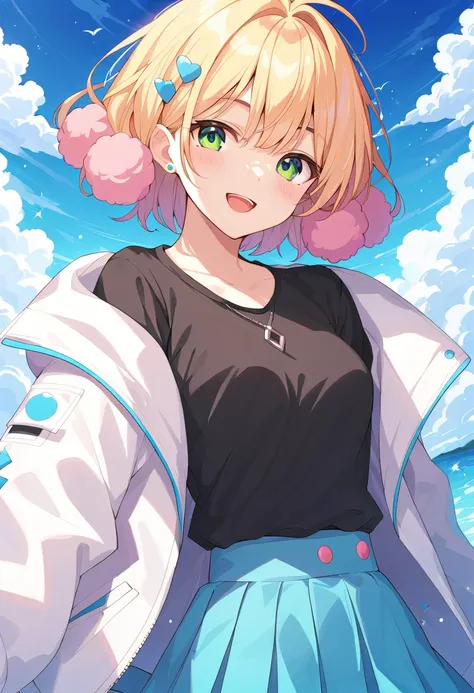  anime-style illustration of a cheerful girl with toy poodle-like characteristics 。 has fluffy ears and bright green eyes 、 Her hair is playful and slightly wavy 。 white jacket、Black shirt with colorful lettering 、 Im wearing casual clothes called a light ...