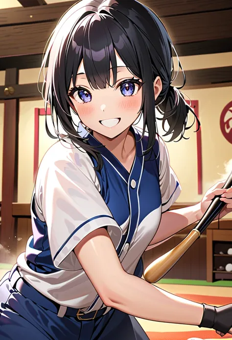 犬耳の girl，     black hair， black ear ，baseball，batter，   Smile Last Match  ， Victory Sake  ，  excellent style in the fireplace room，   girl， pretty girl， cute，