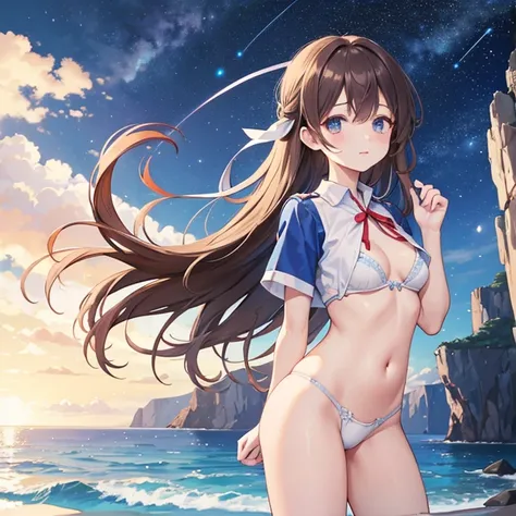  Masterpiece Level ,  amazing style,  white and light yellow uniform with a red ribbon ,  near a seaside cave ,The background is night,  dark blue ,  starry sky , Very flexible and creative,  long brown hair ,  hair flutters in the wind,  leaning against a...