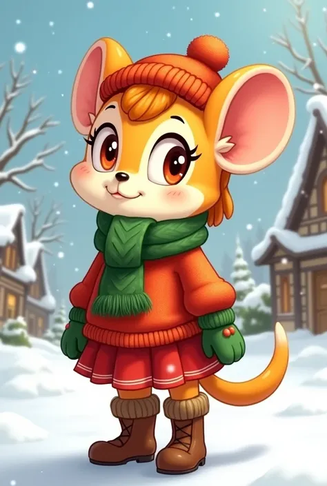 Anthropomorphic mouse girl mobian Christmas with braid orange wool hat red sweater green scarf red skirt brown boots green wool gloves Sonic style mobian in sketch 