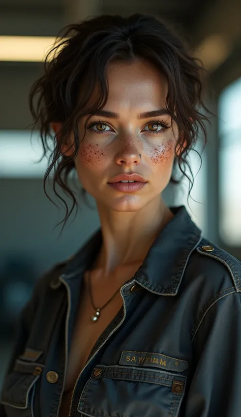  Sexy car mechanic girl , 47 years old,  top quality , superrealism,  technical jumpsuit with naked body, fuel oil marks on her beautiful face , plump lips,  brown eye ,  Short Hair .