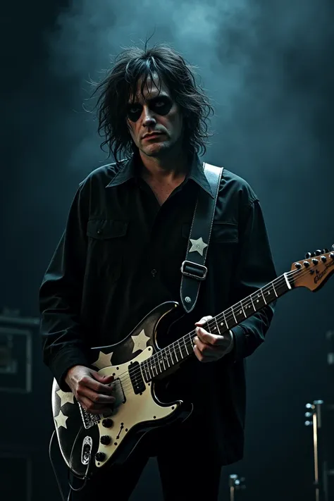 Here is the image of Robert Smith playing a black guitar with a white star design, styled in a gothic atmosphere. Let me know if you need any adjustments!