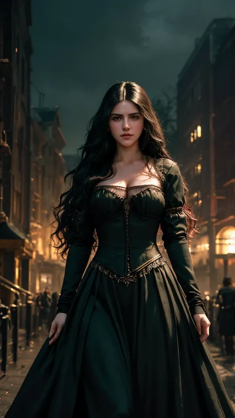  ultra quality,  Woman similar to Yennefer from The Wicther, curly long hair, green eyes, casual clothes, beautiful woman,  expression of fierce ode, Frowned frown , anger,  perfect body,   bloodstained face , Background a night city