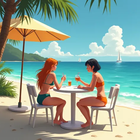 Hot tropical sea beach.

A tall white adult woman with long blonde hair in a white bikini and

A tall Asian adult woman with long black hair in a red bikini and

A tall white adult woman with short blonde hair in an orange bikini and

A tall white adult wo...