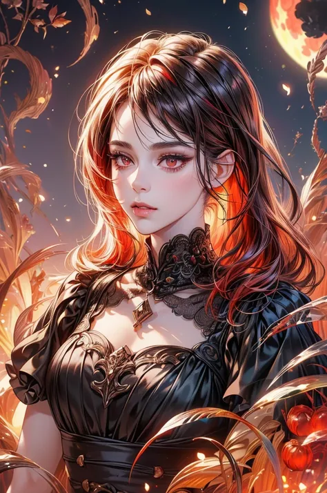 ( Beautiful Detailed Eyes :1.1, Beautiful Detailed Lips :1.1, Highly Detailed Eyes and Faces,long eyelashes),(oil painting,3D Rendering),(red moon, dry wood),( Top Quality, high resolution),(blood/ cool expression),( Shiny Hair ,Subtle Highlights ), vibran...