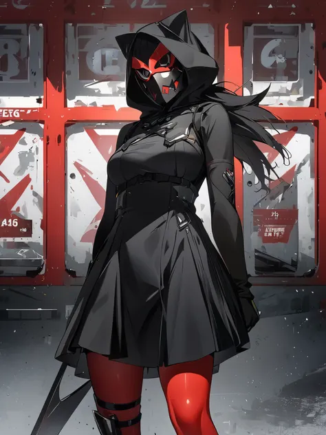 score_9, score_8_up, score_7_up, score_6_up, score_5_up, score_4_up, source_anime, solo, 1girl, 
diabellstar the black witch, single black detached sleeve, black hood, red mask, black dress, single black wing, red pantyhose, single black glove, big knife, ...