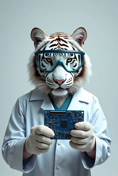 white tiger lab technician holds a blueberry-colored motherboard without a background