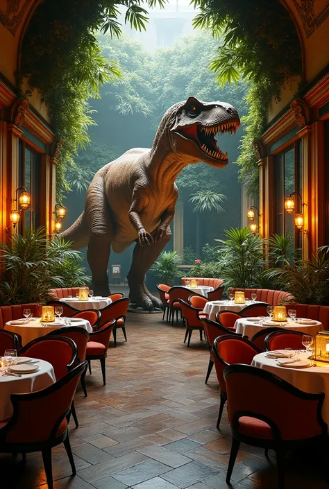 Create for me the interior of a gourmet restaurant in the first arrondissement of Paris with the theme of dinosaurs and called the Dino-Snack-Bar 