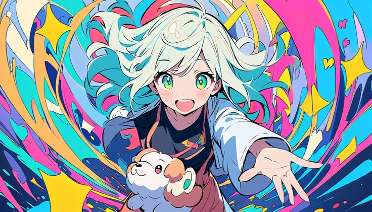 Anime-style illustration of a cheerful girl with toy poodle characteristics。 has fluffy ears and bright green eyes 、 Her hair is playful and slightly wavy 。 white jacket、Black shirt with colorful lettering 、 Im wearing casual clothes called a light blue sk...