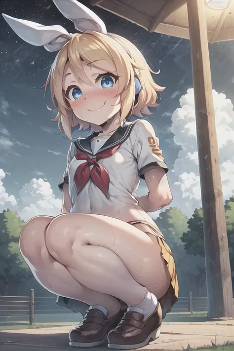 (((Highest))), ((Highest品質)), ( Very detailed), (( high definition )), ((8k)), (( anatomically correct)),  one very cute woman, (Young face), (Kagamine Rin),  short hair, Blonde, Let your bangs down, ( Very Short ), (Very petite),  vocaloid ,  charming smi...