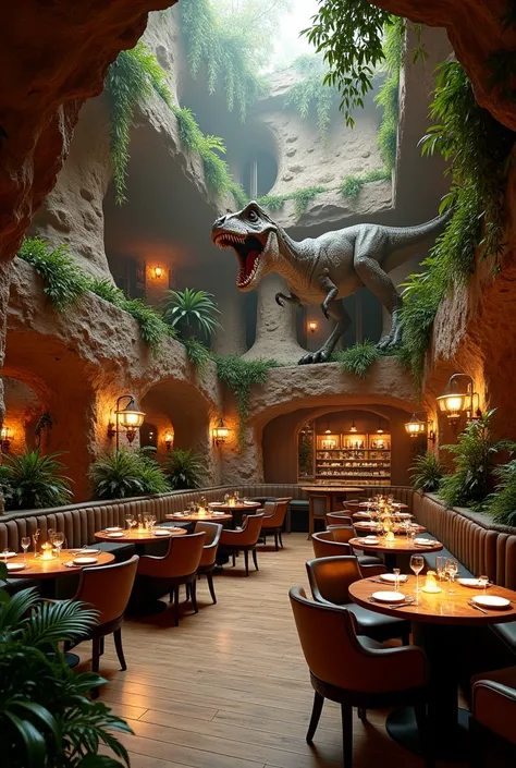 Create for me the interior of a gourmet indoor restaurant in the first arrondissement of Paris with the theme of dinosaurs and called the Dino-Snack-Bar 