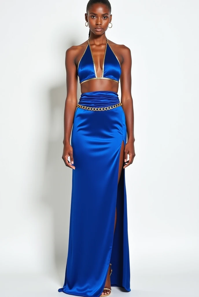 full-body fashion photograph of a model facing front, wearing a satin cobalt halter metal top, paired with long, bodycon-wrapped  skirt with chain on waist, white backdrop