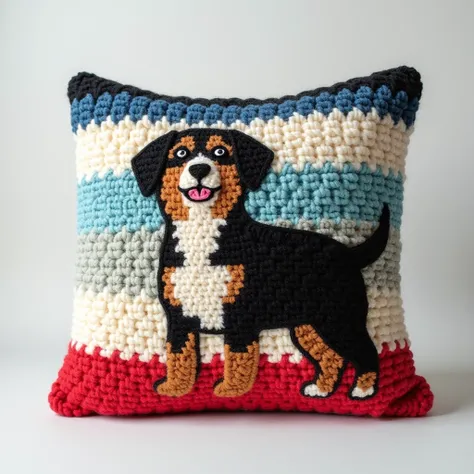 Nice cushion design crochet with wool cute dog design on cushion and separate design white , black , blue, red color full view pic full zoom out 