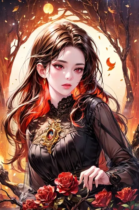 ( Beautiful Detailed Eyes :1.1, Beautiful Detailed Lips :1.1, Highly Detailed Eyes and Faces,long eyelashes),(oil painting,3D Rendering),(red moon, dry wood),( Top Quality, high resolution),(blood/ cool expression),( Shiny Hair ,Subtle Highlights ), vibran...