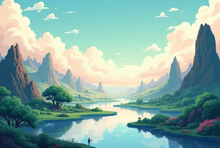 Fantasy landscape background minimalist anime drawing style different environments without mountains or hills 