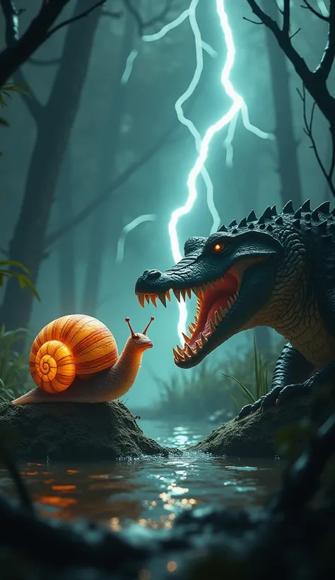 A dramatic standoff between an angry snail and a furious alligator, both facing each other with intense expressions. The snail appears larger than usual with its shell glowing faintly, while the alligator bares its sharp teeth. The background is a dark swa...