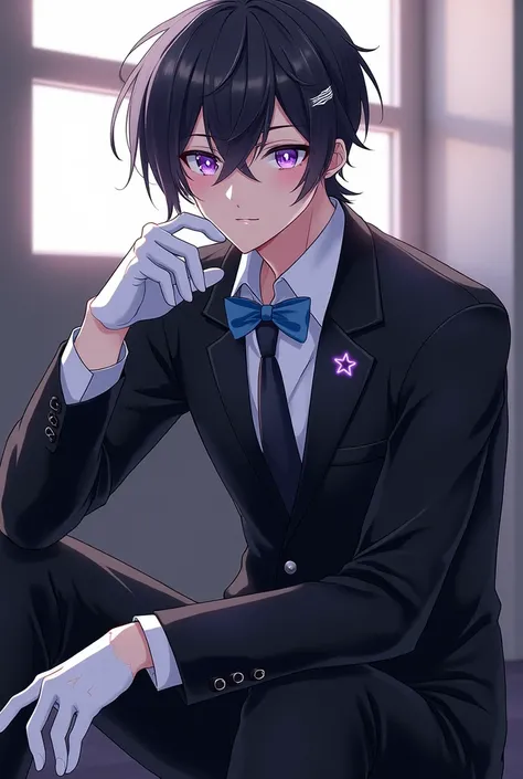 1 anime boy, sensei (blue archive), blue archive, sitting ,Short black hair, purple eyes, with an 8-pointed star in the middle of the eye.Attach two silver hair clips. Wear a black The wings are not wide.Wear white gloves. hat. Blue ribbin ties black suit,...