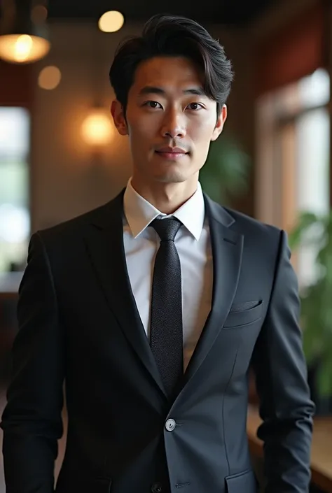  1 Handsome Japanese Man ，35 years old，Business Manager ， formal shirt and tie ,  Professional Clothing ,  Professional Clothing ,  Preparing for Meeting ,  Handsome and Elegant ,   Wearing Black and Grey Suit ,  Sexy man in the cafe ,   Shirt Wearing  ,  ...