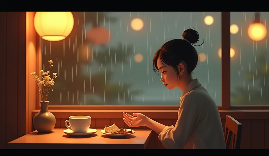 3D Style: Two ceramic coffee cups and a plate of unfinished dessert were placed on the table，Lin Hao sat alone at the table ， gently caressed the other coffee cup on the table 。 The background was warm lighting and soft background music in a small restaura...