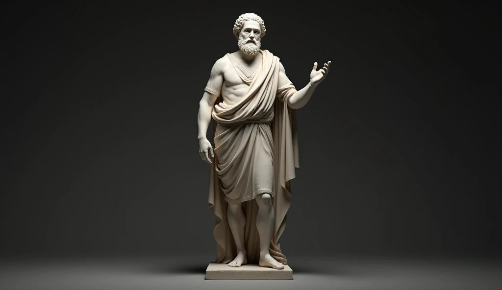  Epictetus is portrayed on a full-body statue ,  with a calm expression and a firm posture . He is standing, with one leg slightly in front,  as if he were in a posture of teaching or reflection . His clothing is a simple tunic , without adornments,  refle...