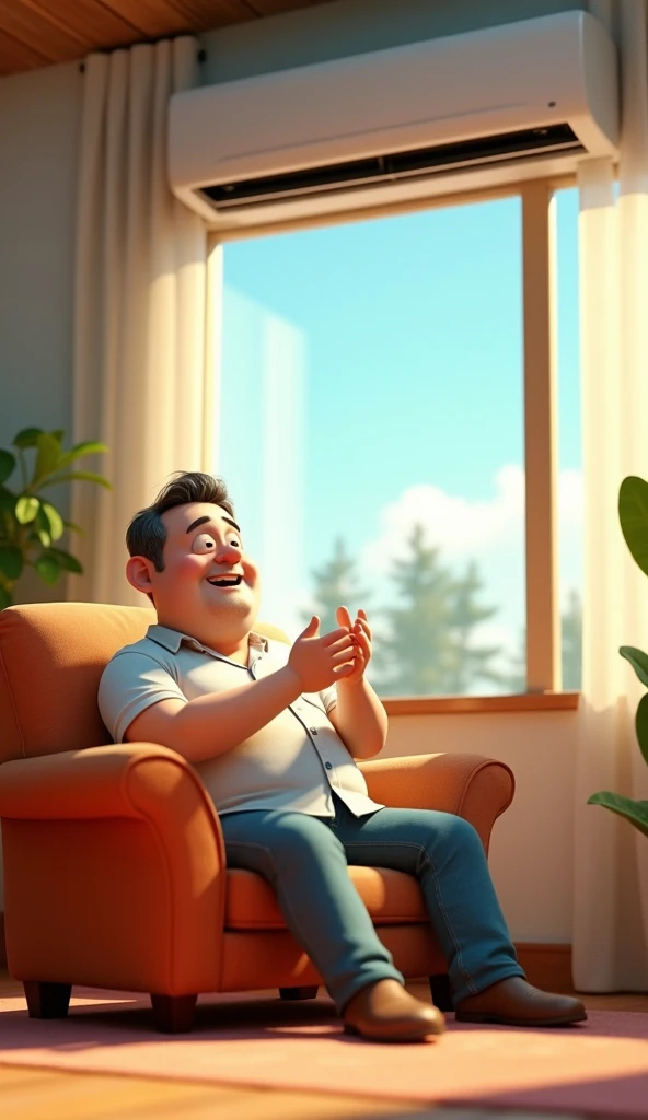  Air is coming from a big AC and a man is enjoying it. Pixar style 