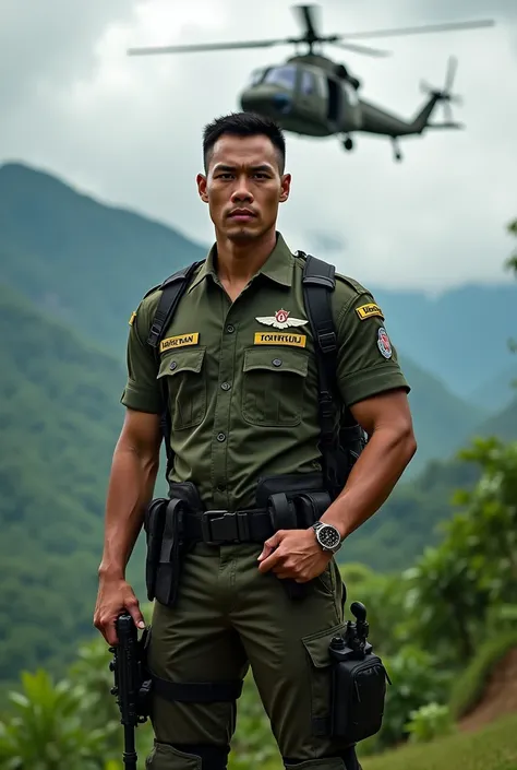 Handsome Indonesian special forces, Name ( TURSIMAN ) posing in front, holding airsoft, black special uniform with name (Hertum) wearing a sophisticated watch, helicopter background and tropical forest Papuan mountains, hyper realistic, photography, uHD 8k...