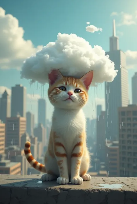 a cat standing with a cloud on its head very realistic and cuddly controlling the climate of a city