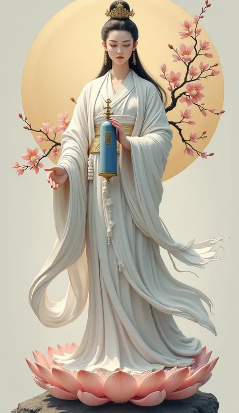 Guanyin Bodhisattva was wearing a white ancient Hanfu dress,with a white scarf draped over her head.She held a beautiful and happy little boey in her left hand and a blue bottle with willow branches and leaves inserted in her right hand. She stood on the l...