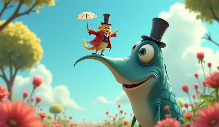 Inspired by Little Nose, show a close-up of the little fish dressed elegantly, with a red coat, top hat and umbrella, balancing on the tip of Little Noses nose. The background is a clear blue sky with soft trees and flowers. In Disney Pixar format.