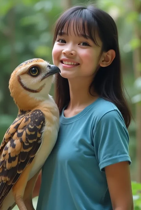 A young Indonesian woman in a blue t-shirt bared retselting her jeans in the ret selting her out birds head.