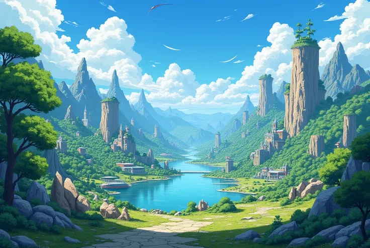 Fantasy landscape background anime drawing style different environments without mountains or hills 